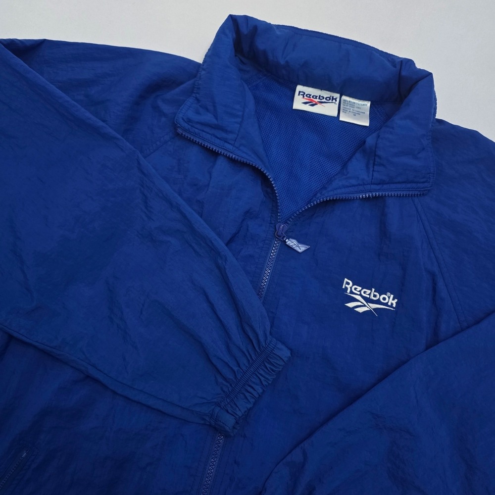 Vintage Reebok Windbreaker Jacket Mens Medium Blue Full Zip Hooded Mesh Lined